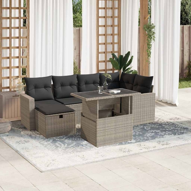 Set Divani da Giardino 7pz con Cuscini Grigio Chiaro Polyrattan