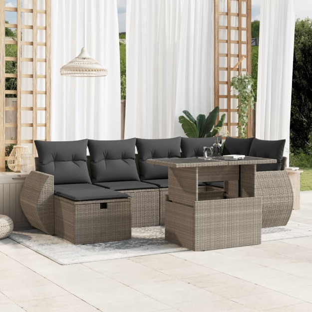 Set Divani da Giardino 7pz con Cuscini Grigio Chiaro Polyrattan