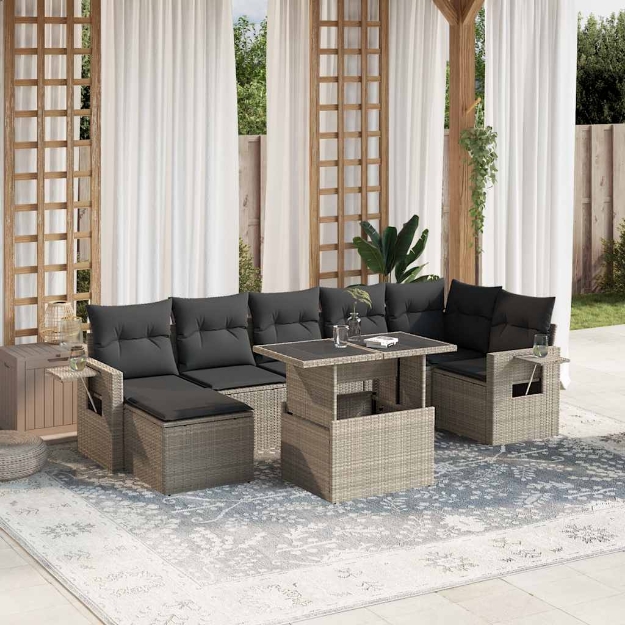 Set Divano da Giardino 8pz con Cuscini Grigio Chiaro Polyrattan