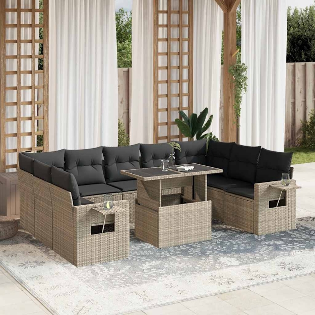 Set Divano Giardino 10 pz con Cuscini Grigio Chiaro Polyrattan