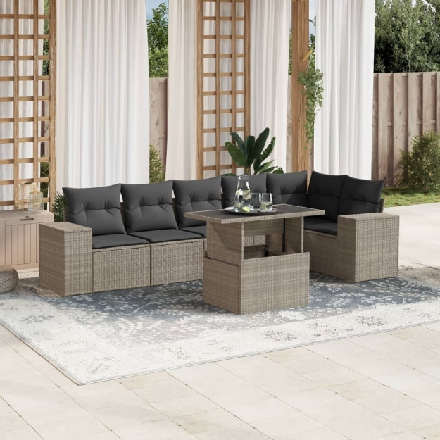 Set Divani da Giardino 7pz con Cuscini Grigio Chiaro Polyrattan