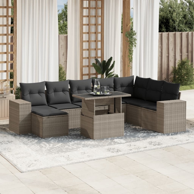 Set Divano da Giardino 9pz con Cuscini Grigio Chiaro Polyrattan
