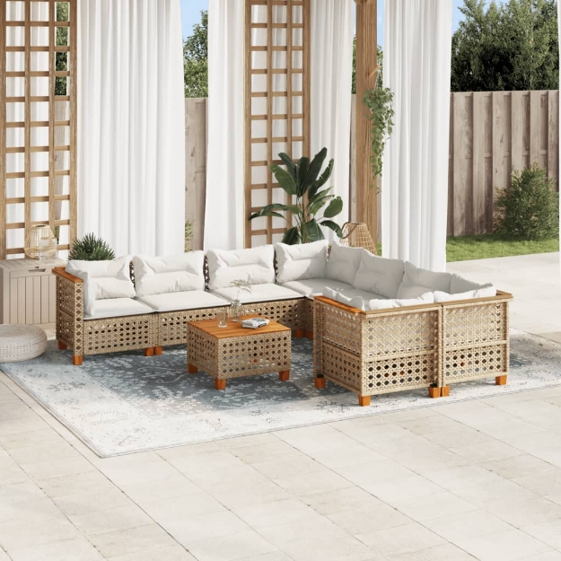 Set Divano da Giardino 9 pz con Cuscini Beige in Polyrattan