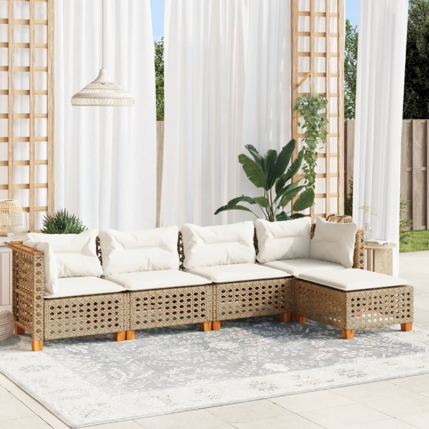 Set Divano da Giardino 5 pz con Cuscini Beige in Polyrattan