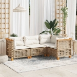 Set Divano da Giardino 4 pz con Cuscini Beige in Polyrattan