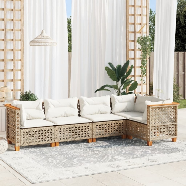 Set Divano da Giardino 5 pz con Cuscini Beige in Polyrattan