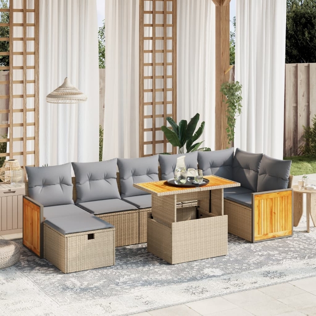 Set Divano da Giardino 8 pz con Cuscini Beige in Polyrattan