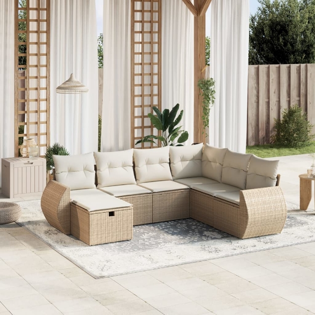 Set Divani da Giardino 7 pz con Cuscini Beige in Polyrattan
