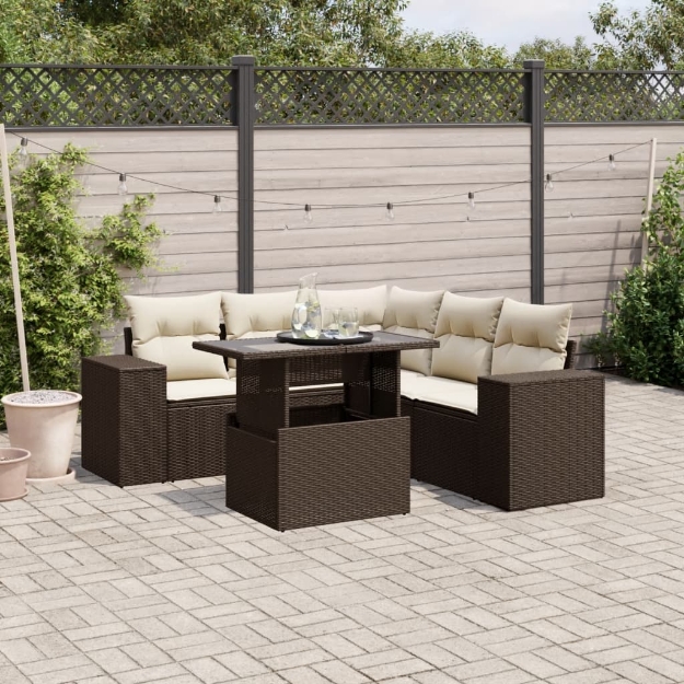 Set Divano da Giardino 6 pz con Cuscini Marrone in Polyrattan