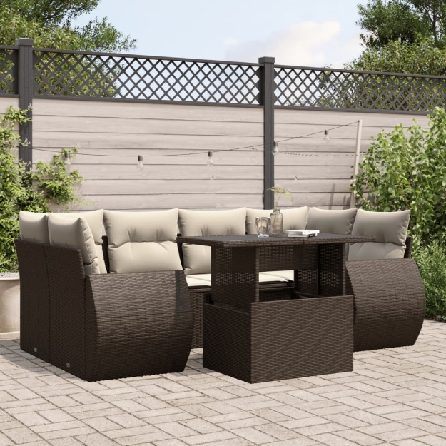 Set Divani da Giardino 7 pz con Cuscini Marrone in Polyrattan