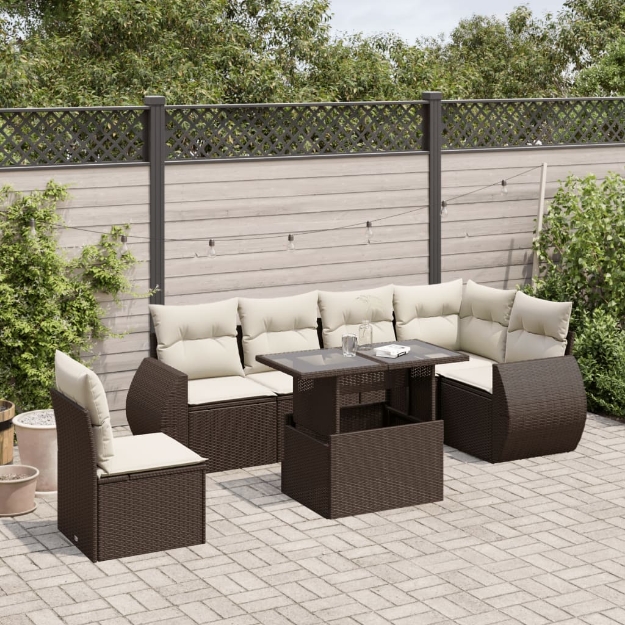 Set Divani da Giardino 7 pz con Cuscini Marrone in Polyrattan