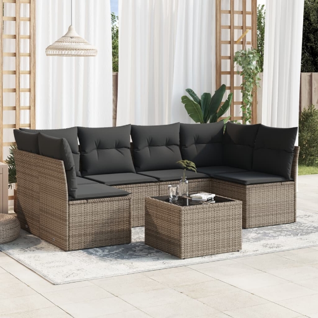 Set Divani da Giardino 7 pz con Cuscini Grigio in Polyrattan