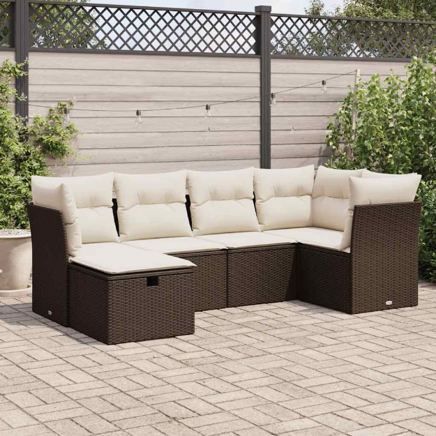 Set Divano da Giardino 6 pz con Cuscini Marrone in Polyrattan