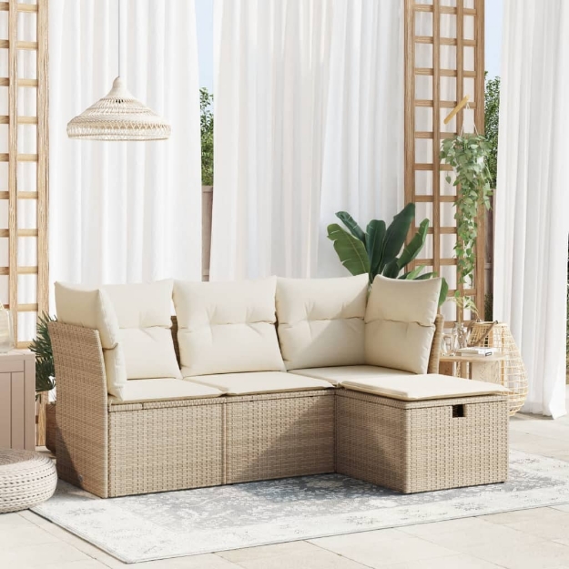 Set Divano da Giardino 4 pz con Cuscini Beige in Polyrattan