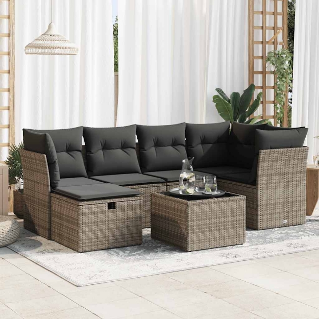 Set Divani da Giardino 7 pz con Cuscini Grigio in Polyrattan