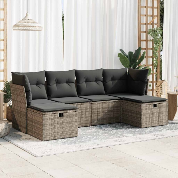 Set Divano da Giardino 6 pz con Cuscini Grigio in Polyrattan
