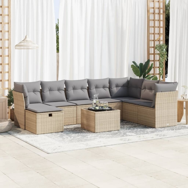 Set Divano da Giardino 9 pz con Cuscini Beige in Polyrattan