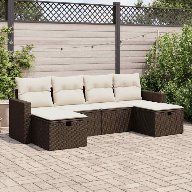 Set Divano da Giardino 6 pz con Cuscini Marrone in Polyrattan