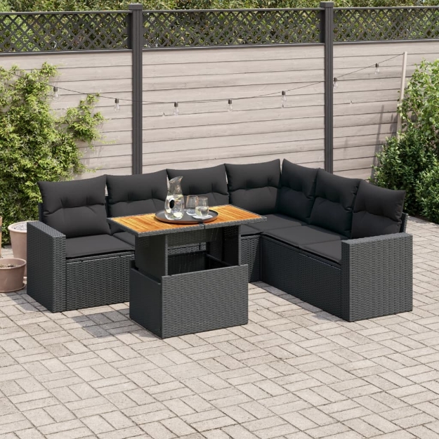 Set Divani da Giardino con Cuscini 7pz Nero Polyrattan