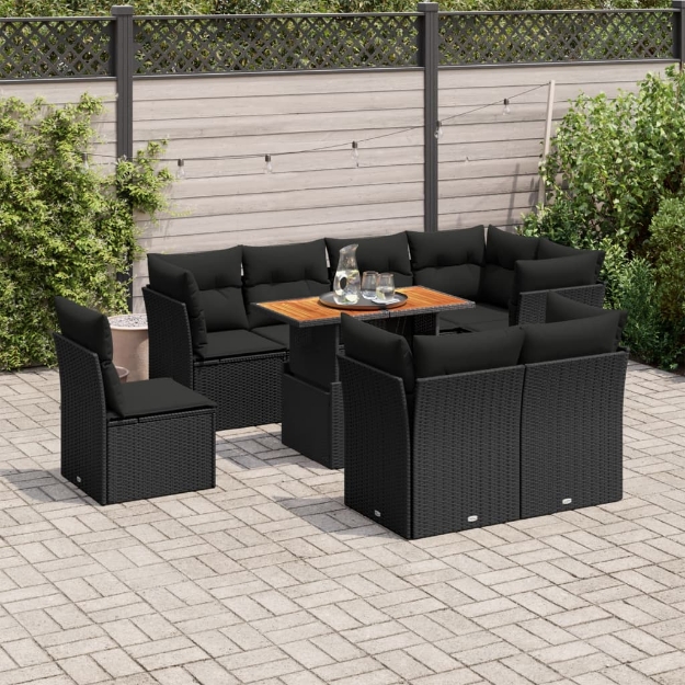Set Divani da Giardino 9 pz con Cuscini Nero in Polyrattan