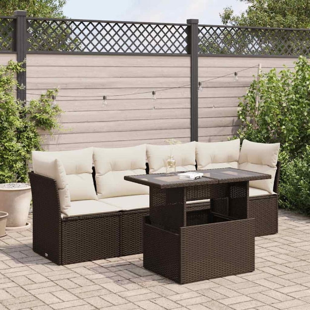 Set Divano da Giardino 5 pz con Cuscini Marrone in Polyrattan