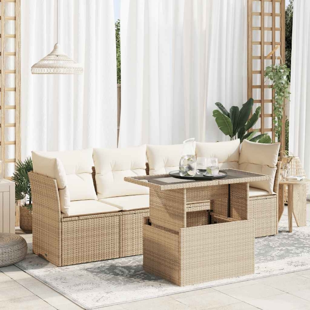 Set Divano da Giardino 5 pz con Cuscini Beige in Polyrattan