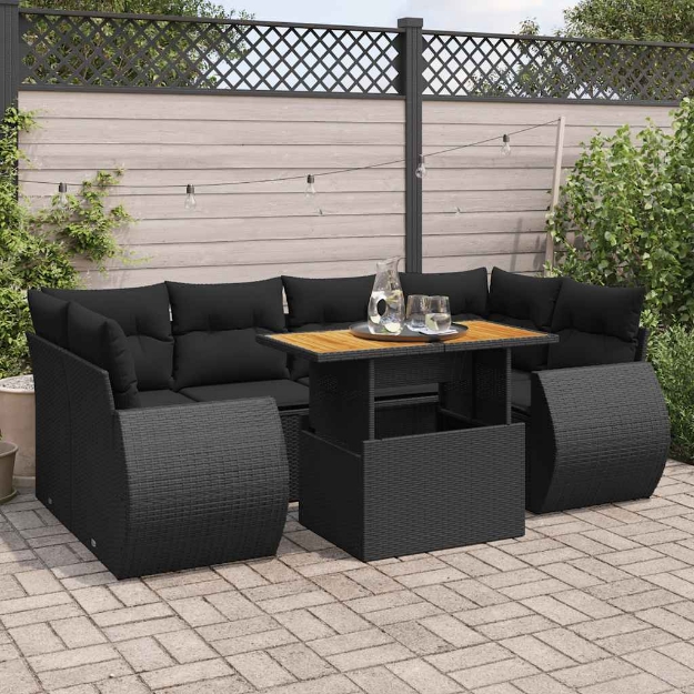 Set Divani da Giardino con Cuscini 7pz Nero Polyrattan