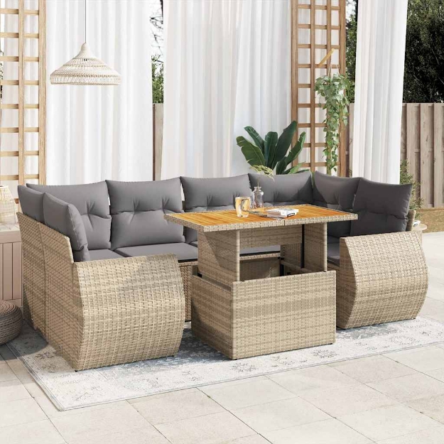 Set Divani da Giardino 7 pz con Cuscini Beige in Polyrattan