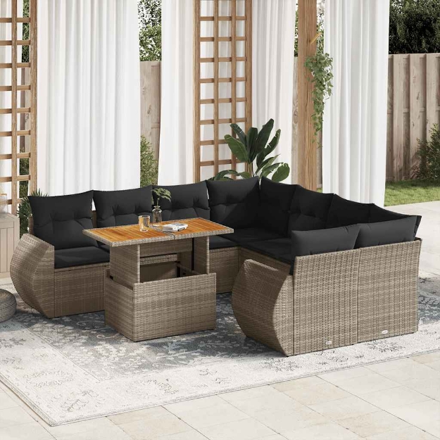 Set Divano da Giardino 9 pz con Cuscini Grigio in Polyrattan