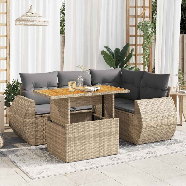 Set Divano da Giardino 5 pz con Cuscini Beige in Polyrattan