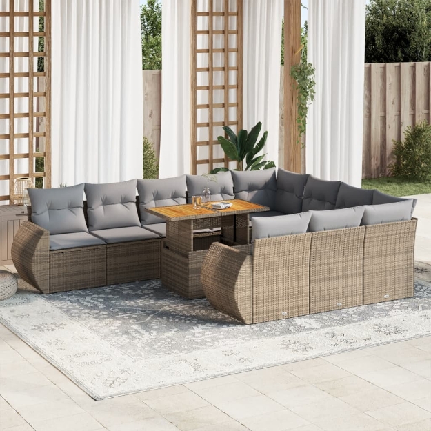 Set Divani da Giardino 11 pz con Cuscini Beige in Polyrattan