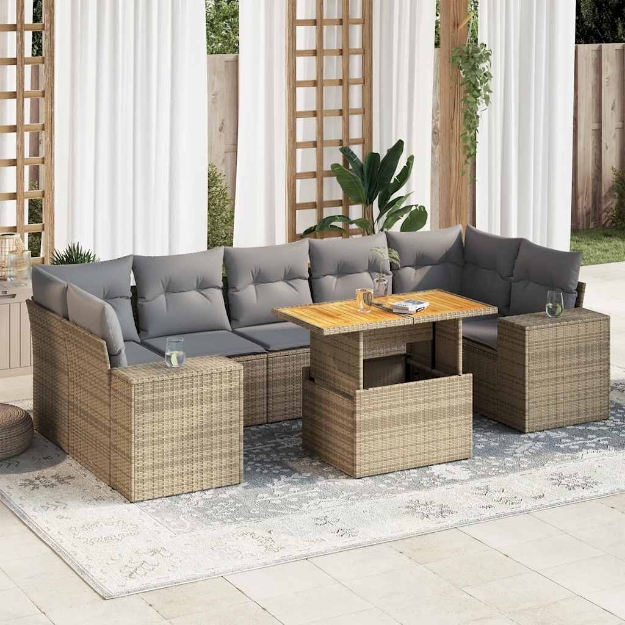 Set Divano da Giardino 8 pz con Cuscini Beige in Polyrattan