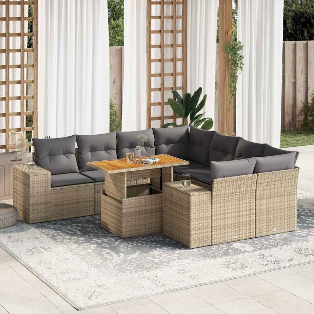 Set Divano da Giardino 9 pz con Cuscini Beige in Polyrattan