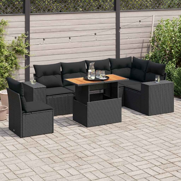 Set Divani da Giardino con Cuscini 7pz Nero Polyrattan