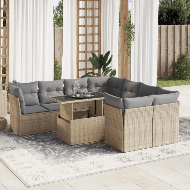 Set Divano da Giardino 9 pz con Cuscini Beige in Polyrattan