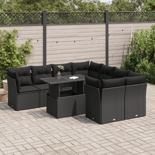 Set Divani da Giardino 9 pz con Cuscini Nero in Polyrattan