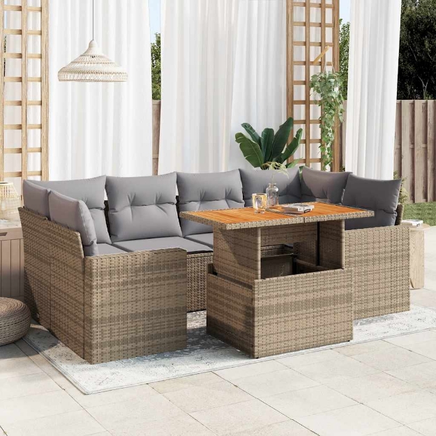 Set Divani da Giardino 7 pz con Cuscini Beige in Polyrattan