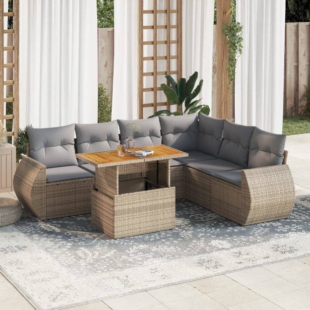 Set Divani da Giardino 7 pz con Cuscini Beige in Polyrattan