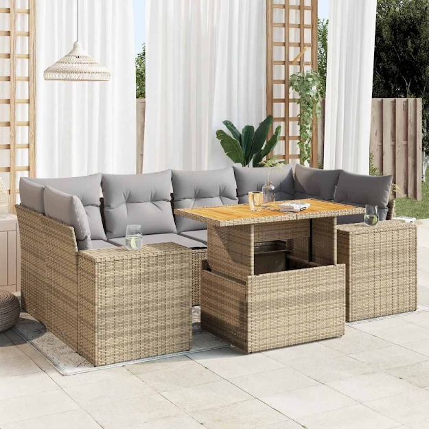 Set Divani da Giardino 7 pz con Cuscini Beige in Polyrattan