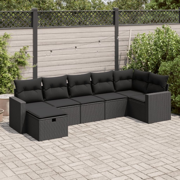 Set Divani da Giardino con Cuscini 7pz Nero Polyrattan