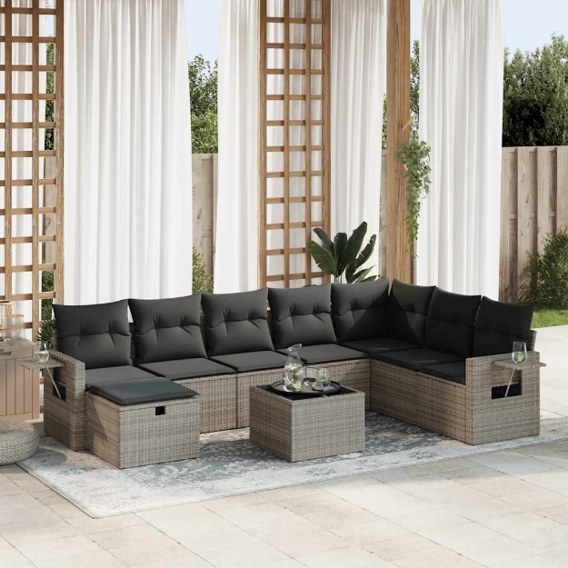 Set Divano da Giardino 9 pz con Cuscini Grigio in Polyrattan