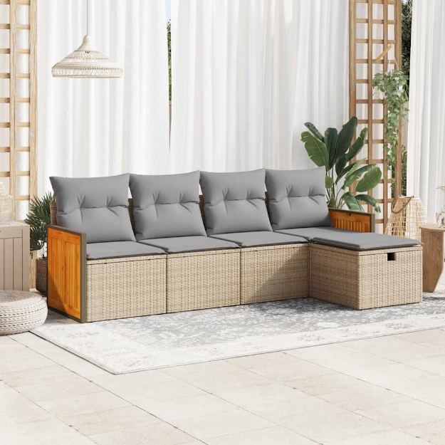 Set Divano da Giardino 5 pz con Cuscini Beige in Polyrattan