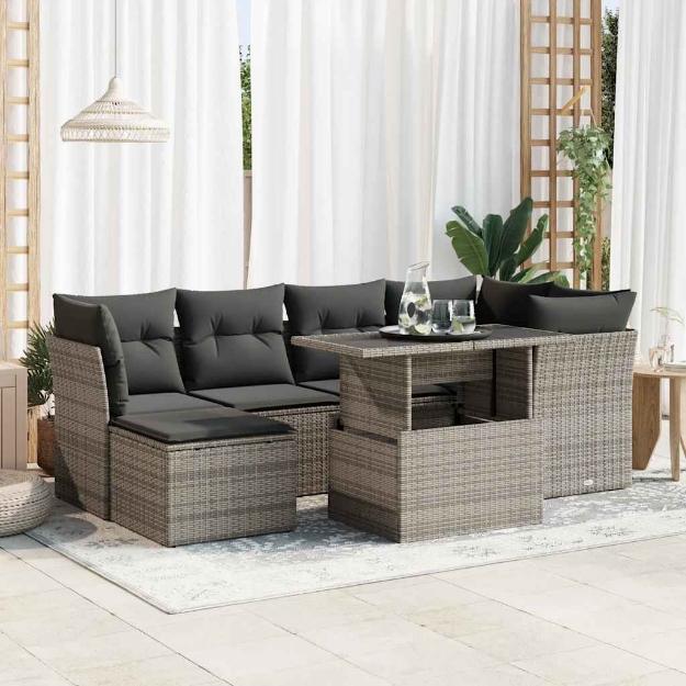 Set Divani da Giardino 7 pz con Cuscini Grigio in Polyrattan