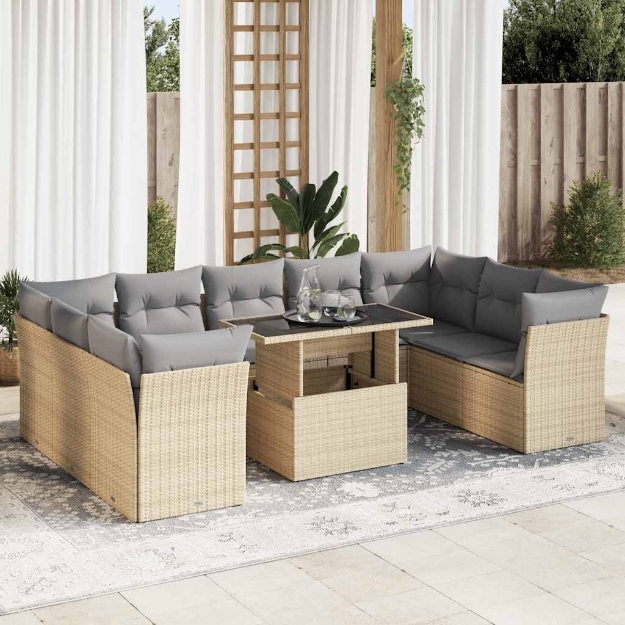 Set Divano da Giardino 10 pz con Cuscini Beige in Polyrattan