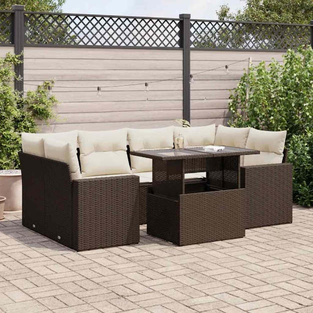 Set Divani da Giardino 7 pz con Cuscini Marrone in Polyrattan