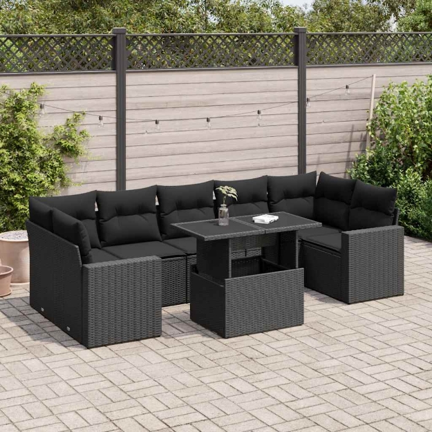Set Divani da Giardino con Cuscini 8 pz Nero in Polyrattan