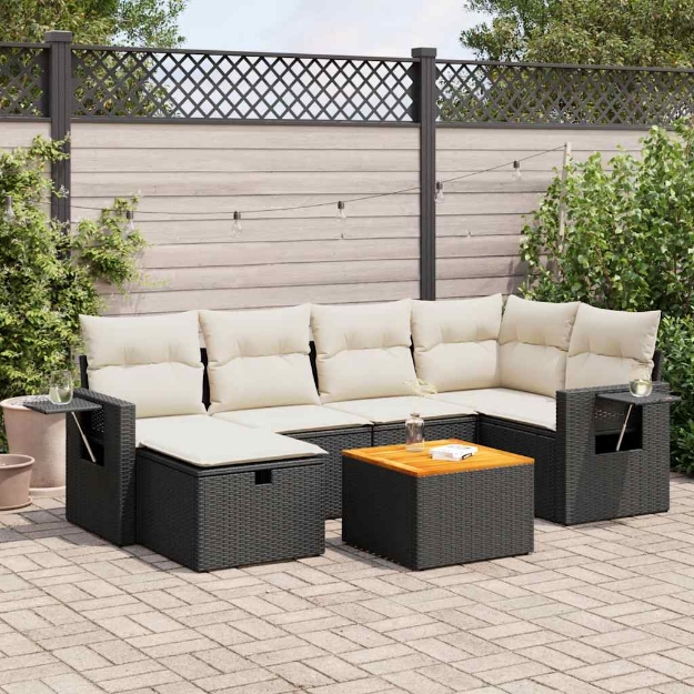 Set Divani da Giardino con Cuscini 7pz Nero Polyrattan