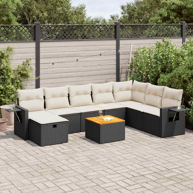 Set Divani da Giardino 9 pz con Cuscini Nero in Polyrattan