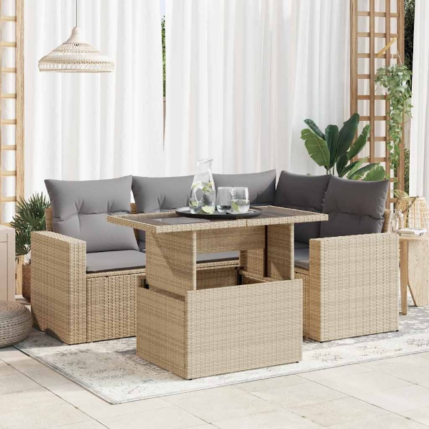 Set Divano da Giardino 5 pz con Cuscini Beige in Polyrattan