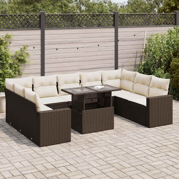 Set Divani da Giardino 10pz con Cuscini in Polyrattan Marrone